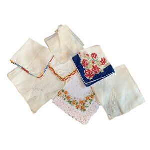 Vintage Assorted Handkerchiefs - Floral Embroidered & Colorful Edges - Set of 7